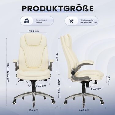 Крісло для офісу Colamy: ергономічне крісло з дихаючої шкіри, підголівник, регульовані підлокітники та м'яке сидіння з пружинним блоком, для дому та офісу (слонова кістка)