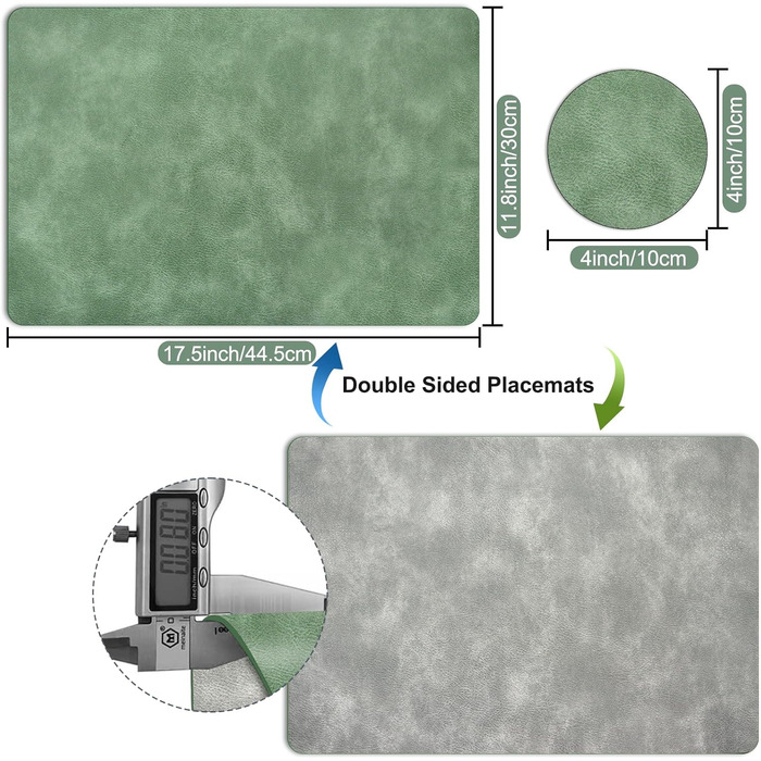 Набори підставки під гаряче та серветки 6 шт. | Коричневе шкіряне покриття з ефектом крави | Стійкі до подряпин, водонепроникні | Для обіднього столу, кухні, квартири | Зелений та сірий набір 6 шт.