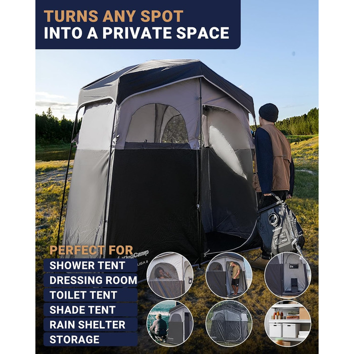 Намет для душу KingCamp великого розміру для кемпінгу, роздягальня, портативний укриття, душ, приватність, одно-/двомісний, 200 x 105 x 203 см, чорний/сірий