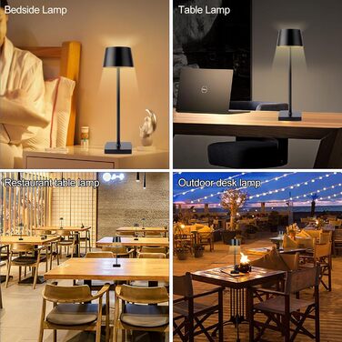 LED настільна лампа Seihoae бездротова, 6000mAh, IP54, алюміній, сенсорне керування, тепле світло, для спальні, кав'ярні, ресторану, чорна