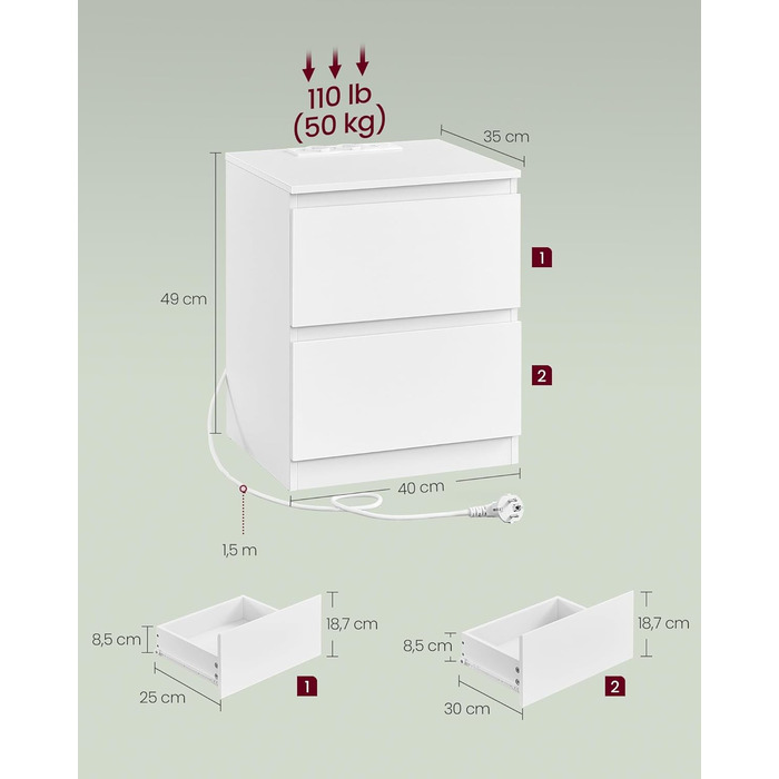 Приліжкова тумбочка VASAGLE Kailyn з розетками, 2 шухляди, 2 AC-розетки, 2 USB-A порти, для спальні, білий колір LET621W02