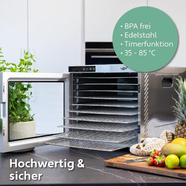 Дегідратор Vita 5 з 6 решітками для сушіння фруктів, овочів та м'яса. Поверхня сушіння 0,7 м², регулювання температури 35-75°C, таймер 24 год, LED дисплей, 650W