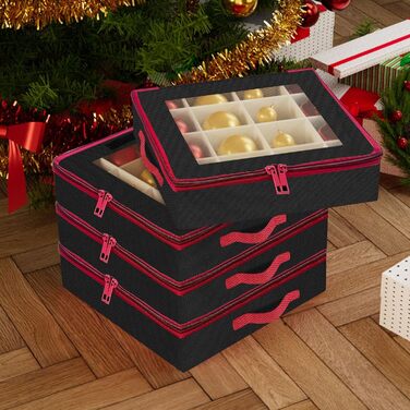 Коробка для зберігання новорічних кулічок з перегородками, 4 шт. Чорна коробка для прикрас на ялинку, органайзер для новорічних іграшок, складна, з ручками, для зберігання та штабелювання