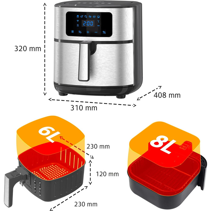 Аерофритюрниця ICQN 8 л XXL Фритюрниця для фритюрниці з гарячим повітрям, цифровий світлодіодний сенсорний екран, 6 програм, без олії, фритюрниця 1500 Вт, без жиру, срібна нержавіюча сталь 8 л