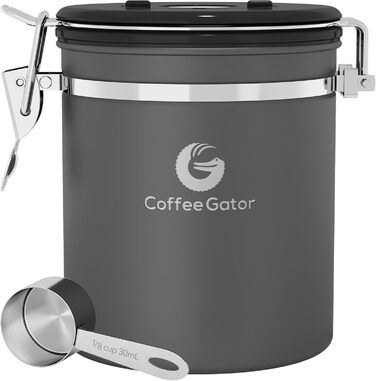 Контейнер для кави Coffee Gator з нержавіючої сталі (2 шт.) – для кавових зерен та меленої кави, з датою, CO2-вентилем та мірною ложкою (Сірий, Середній)
