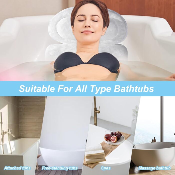 Подушка для ванни з піни memory foam, біла, з присосками, для шиї та спини, 4D вентиляція, 6 присосок (довга, квадратна)