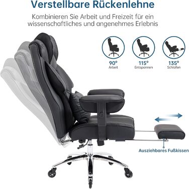 Офісний крісло Asukale Ergonomic 200kg з підніжкою, поперековою подушкою та широким сидінням, регульоване по висоті, імітація замші (чорний)