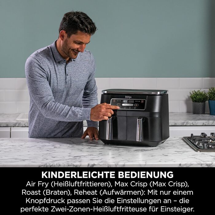 Фритюрниця повітряна Ninja Foodi Dual Zone AF200EU, 7.6 л, 4-в-1, чорна, з 2 зонами, антипригарне покриття