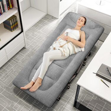 Розкладне кемпінгове ліжко CALIYO з матрацом, 200x80x40 см, витримує до 200 кг, сталевий каркас, тканина Оксфорд, сіре (з сумкою для зберігання)