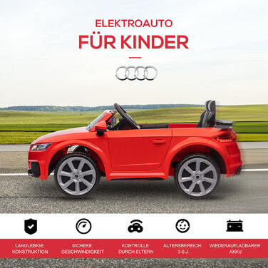 Електромобіль HOMCOM для дітей Audi 12V з пультом дистанційного керування 2,4G, музикою, звуком клаксона, світлодіодною підсвіткою, USB/MP3-роз'ємом, функцією руху назад, для дітей віком 3-5 років, червоний