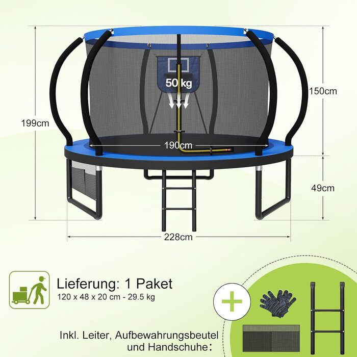 Батут садовий Devoko з сіткою та кільцем для баскетболу, до 150 кг, Ø 228/305/366/427 см - для дітей та дорослих (228x228x199 см, синій)