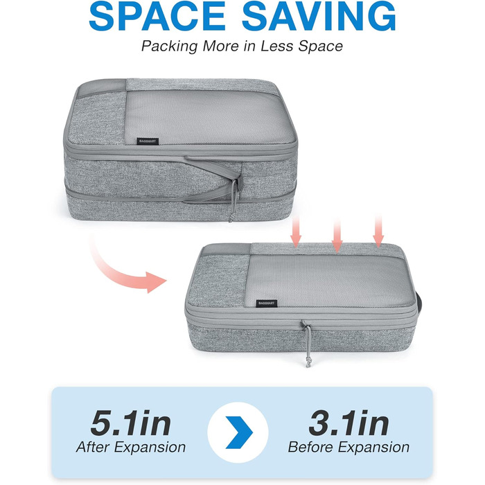 Набір компресійних органайзерів для подорожей BAGSMART (6 шт), міцні пакувальні куби для валізи та ручної поклажі, сірі