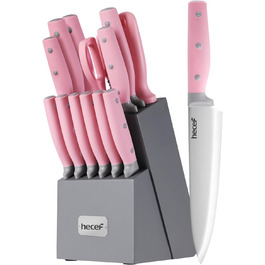 Набір ножів Hecef 14 предметів з дерев'яним блоком, професійний набір кухонних ножів з нержавіючої сталі, з ножицями, ножем для стейка та точилкою (рожевий)