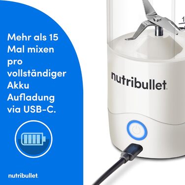 Ручний портативний блендер Nutribullet 475 мл, USB-C, 15 циклів, без бісфенолу А, NBP003PU, білий