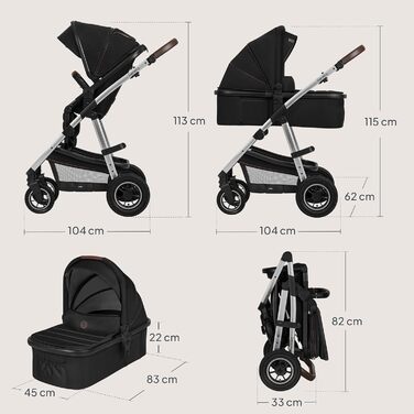 Коляска Lionelo Amber 3-в-1: люлька, автокрісло i-Size, прогулянкове сидіння, повітряні колеса, поворотне сидіння, XXL капюшон UPF 50+, сумка, москітна сітка, дощовик, чорно-срібна