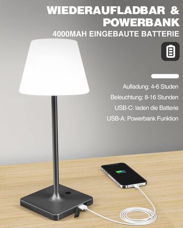 LED настільна лампа Infray з акумулятором, диммування, IP44, для дому та вулиці (чорний)