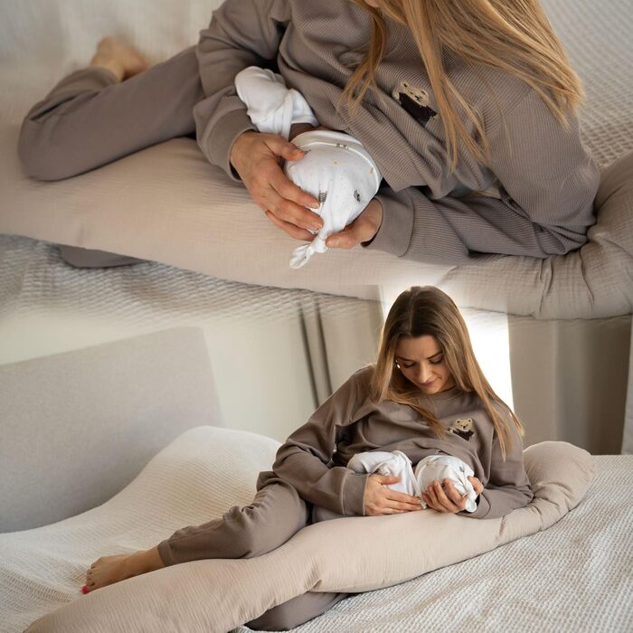 Подушка для годування та вагітності PaLulli XL (170x30 см), органічна бавовна, мусліновий чохол, бежева