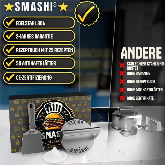 Набір для приготування бургера SMASHI®: прес, дві форми, лопатка, 50 паперів для гриля, рецепти (базовий)