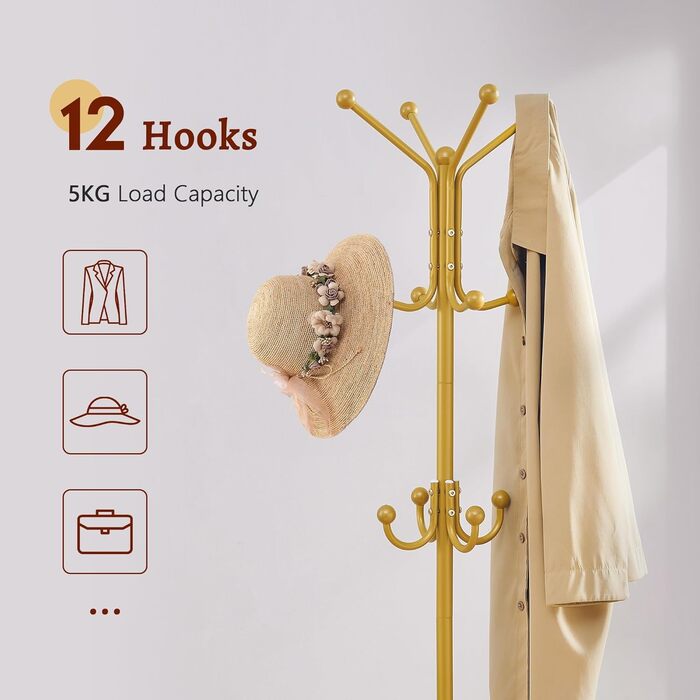 Стійка для одягу FAVOOOSTY з підставкою для парасольки, 12 гачків, для вітальні/спальні, срібло/золото