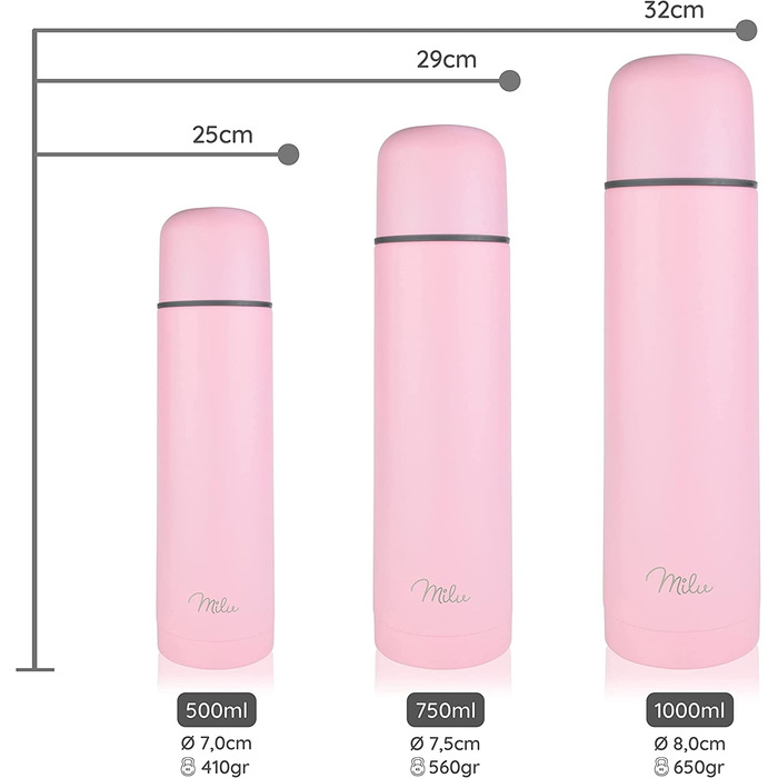 Термос Milu Термос ізольована пляшка 1 л, 750 мл, 500 мл-ізольована пляшка для пиття з нержавіючої сталі, 100 герметичність, ізоляція з подвійними стінками (рожевий, 500 мл)