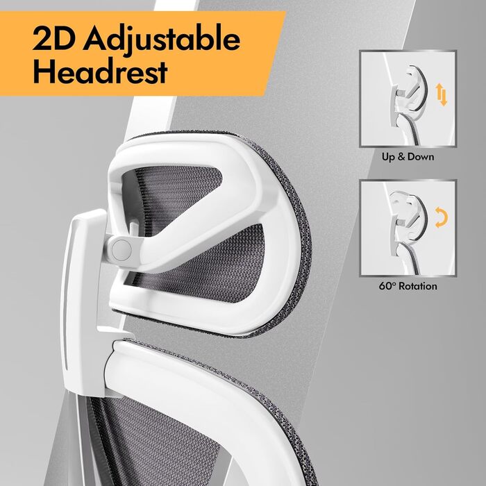 Ергономічне крісло для офісу та дому з 3D поперековою підтримкою та регульованими підлокітниками, біле