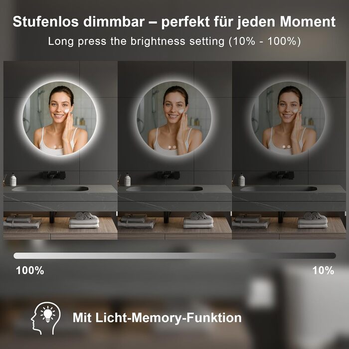 LED дзеркало для ванної кімнати з підсвічуванням, кругле, диммер, 3 кольори світла (3500K-6500K), сенсорне управління, антизапар, для макіяжу та гоління (50см фонова підсвітка)