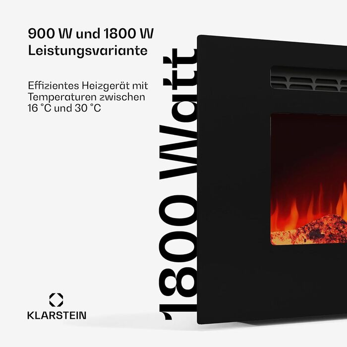 Електрокамін Klarstein Galeras Smart 1800 Вт, LED-полум'я, керування через додаток і пульт, регулювання кольору та яскравості, захист від перегріву, настінний, 127x47x13 см, чорний