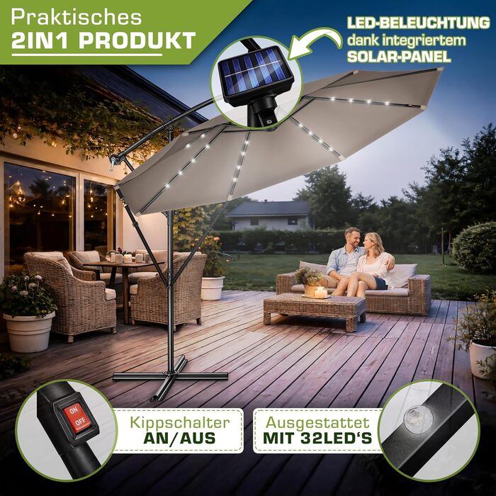 Садова парасолька Tillvex Alu з LED-сонячним освітленням, 300 см, Cappuccino — алюмінієвий зонт з ручкою-кранцем, захистом від UV та вітру, у комплекті з чохлом та стійкою