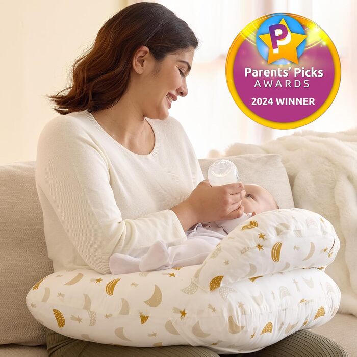 Подушка для годування Momcozy Stillkissen з безпечним бортиком – ергономічна подушка для годування та підтримки з регульованим ремінцем та знімним бавовняним чохлом, Медовий дощ (бежевий та помаранчевий)