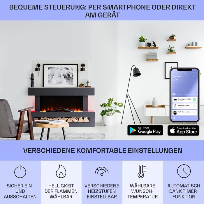 Електрокамін Klarstein Light & Fire 3 Smart, 2000 Вт, LED-імітація полум'я, з дистанційним керуванням, таймером, настінний, корпус MDF, чорний