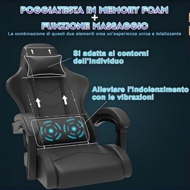 Ігровий крісло JUMMICO з масажем, ергономічний офісний крісло з підголовником для попереку, регульована спинка 90-135°, підставка для ніг, чорний, до 150 кг