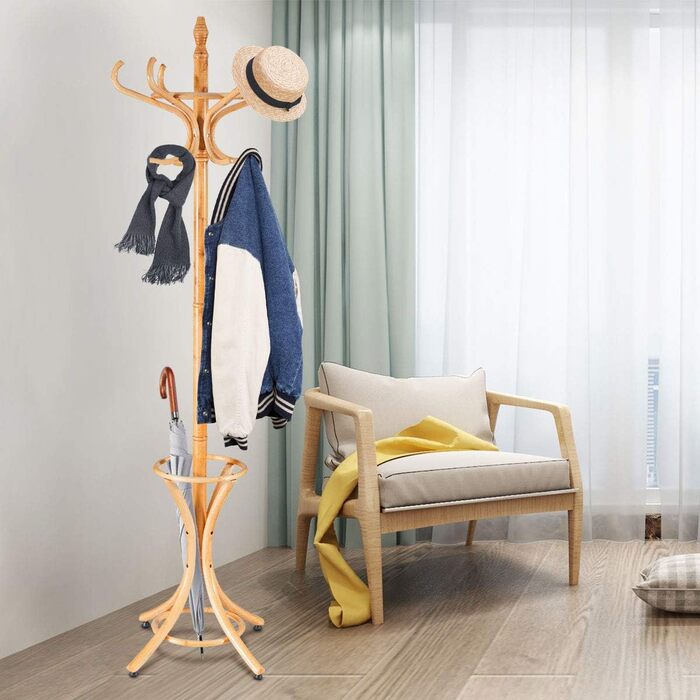 Стійка для одягу GIANTEX з підставкою для парасольки, дерев'яна, 12 гачків, для передпокою/вітальні (натуральний колір)