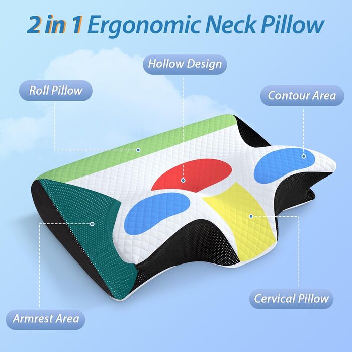Ортопедична подушка HOMCA 2 в 1 з Memory Foam для сну на спині, боці та животі, 60x40x12/14 см, чорна