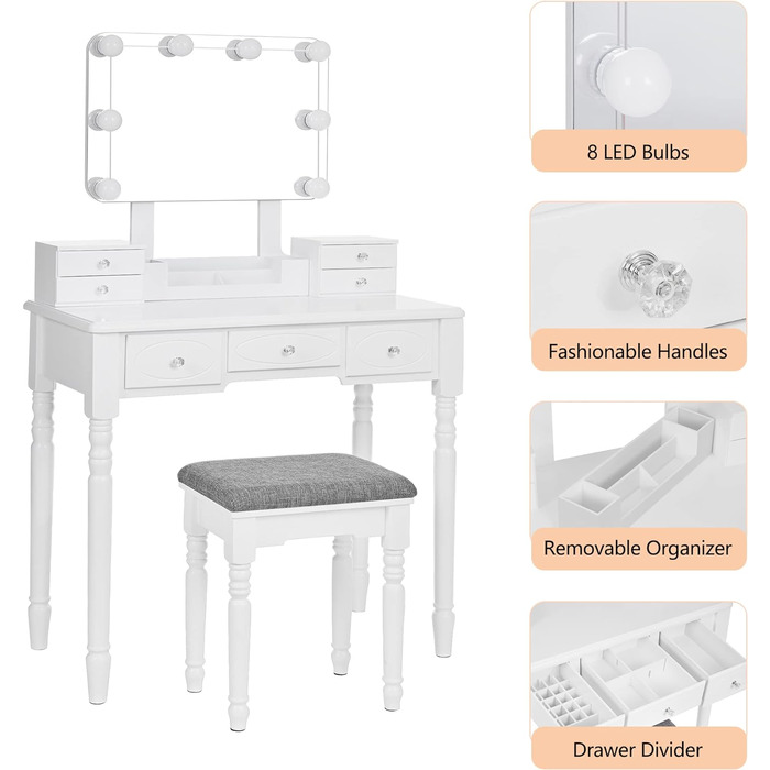 Туалетний столик ANWBROAD з 8 LED дзеркалами, табурет, 7 ящиків, проти нахилу, 80x40x135.5см, білий