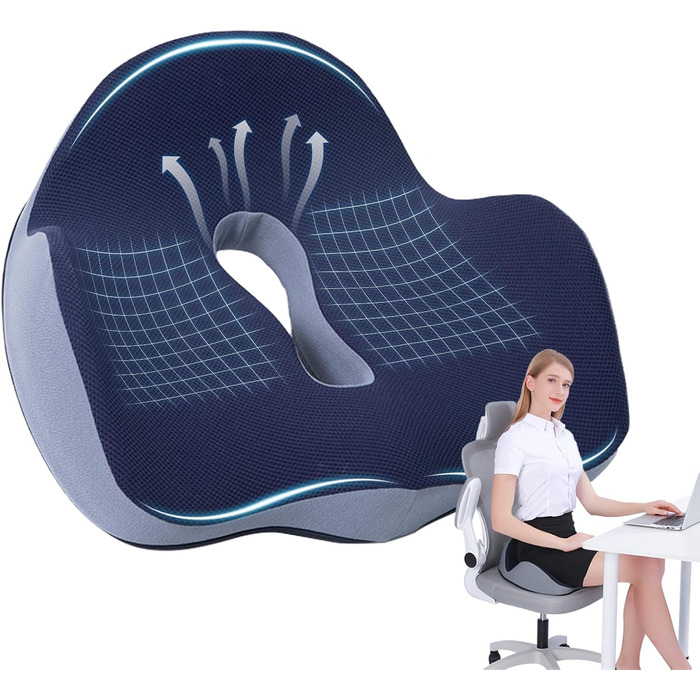Ортопедична подушка для сидіння, подушка для офісного крісла: ергономічна, з піною з пам'яті, для полегшення болю в куприку та ішіасі, великий розмір