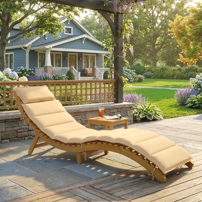 Шезлонг садовий складаний з дерева, вологостійкий, з подушкою та підголівником, ручки для перенесення, 183 x 54 x 63 см, Бежевий