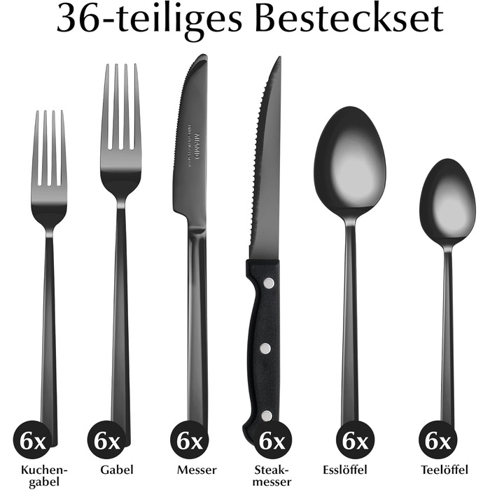 Набір столових приборів Miamio для 6 осіб (36 предметів) – нержавіюча сталь 18/10, чорний колір, придатний для миття в посудомийній машині