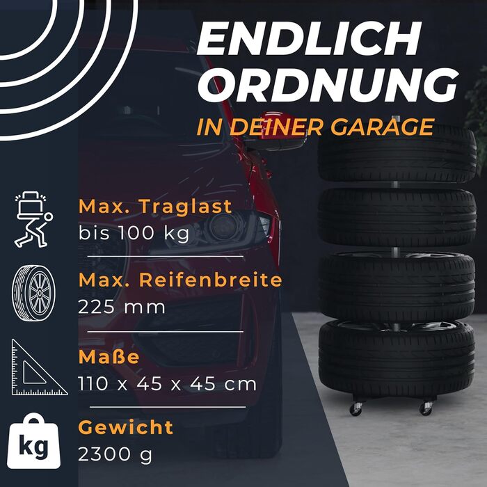 Стійка для шин Bonsport, до 225 мм, на колесах - органайзер для 8 шин з маркерами, вантажопідйомність 100 кг