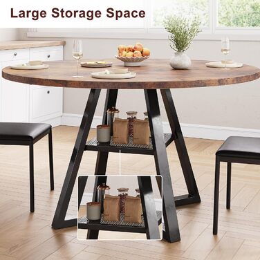 Круглий обідній стіл на 2-4 особи з поличкою, дерев'яний кухонний стіл в індустріальному стилі (Vintage Braun, 107x107x76 см)