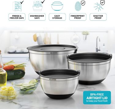 Набір місок для змішування з нержавіючої сталі з кришкою, терткою, ручкою, виливом та герметичним кришкою, антиковзний набір місок для приготування, випічки, зберігання продуктів (3 шт.) Чорний