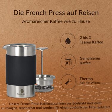 Френч-прес Handpresso Travel Press 0,35 л Френч-прес з нержавіючої сталі з подвійними ізольованими стінками Термофренч-прес змінний фільтр для кемпінгу / подорожей