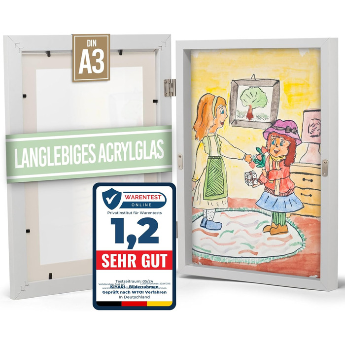 Рамки для дитячих малюнків KIYARI A4, 2 шт., білі, розкладні, з фронтальною відкриттям, для 150 малюнків, міцне дерево, безпечне скло, ідеально для творчих проєктів, дитячої кімнати та школи