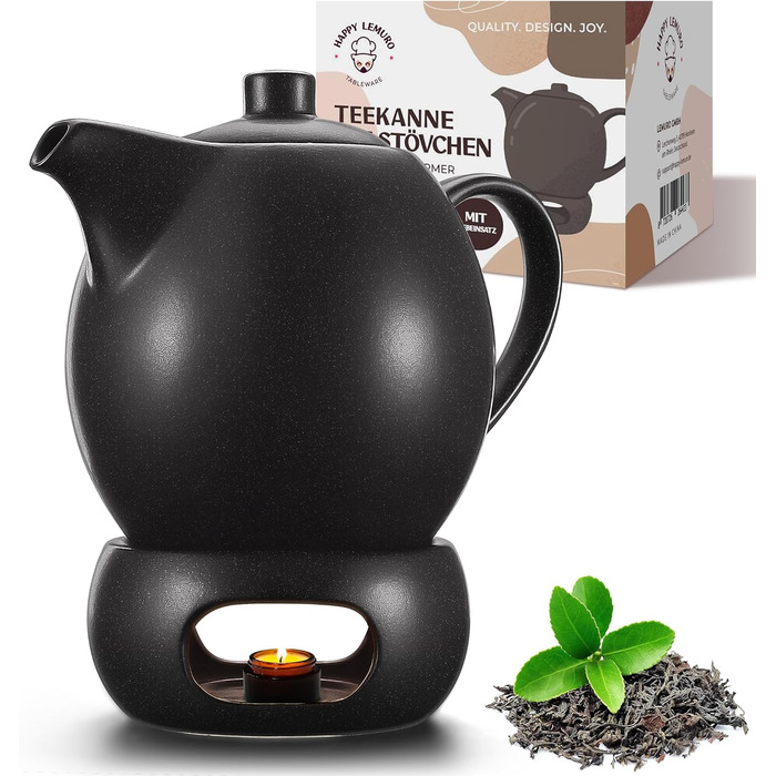 Заварник Happy Lemuro з ситечною вставкою керамічний - 1,2 л - Керамічний чайник чорний (антрацит) - Чайник - Чайник - Заварник - Кераміка для чайника - Чайні аксесуари - Чайник для розсипного чаю (з підігрівачем)