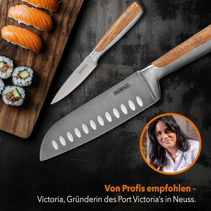 Набір ножів у блоці (6 шт) з нержавіючої сталі преміум-класу. Кухонні ножі з магнітним блоком з акації. Професійний набір кухонних ножів з нержавіючої сталі, сріблястого кольору.