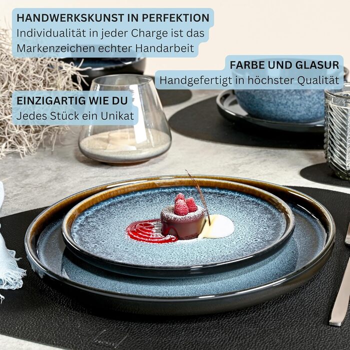 Набір посуду SÄNGER Steingut 18 предметів: 6 тарілок для їжі, 6 мисок для каші, 6 десертних тарілок, блакитний колір з чорним бордюром, стійкий до подряпин, VALUE COLLECTION (Osaka)