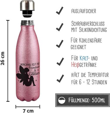 Пляшка для води з блискітками - іноді допомагає лише казковий пил і блискітки - термос, пляшка для води без бісфенолу А, подарунок для подруги, жінки, блискітки, подорожі, спорт I нержавіюча сталь 500 мл, (рожевий)