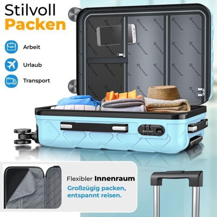Чемодан KESSER® 84L з ABS-пластику з кодовим замком, вагами та аксесуарами для подорожей | Валіза на колесах для бізнесу та відпочинку, блакитний, 66 см