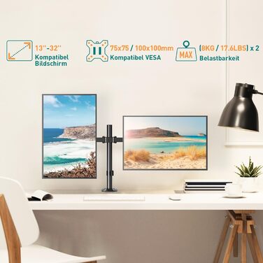 Кріплення для монітора ELIVED 2 монітори, 13-32 дюйми, VESA 75/100, регульоване, для офісу/дому