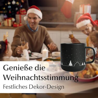 Набір чашок Miamio на Новий Рік, 4 шт, 500 мл (чорні) / Кавові чашки для святкування, мінімалістичний зимовий дизайн, подарунок на Новий Рік, безпечні для миття в посудомийній машині та використання в мікрохвильовій печі – Зимова колекція