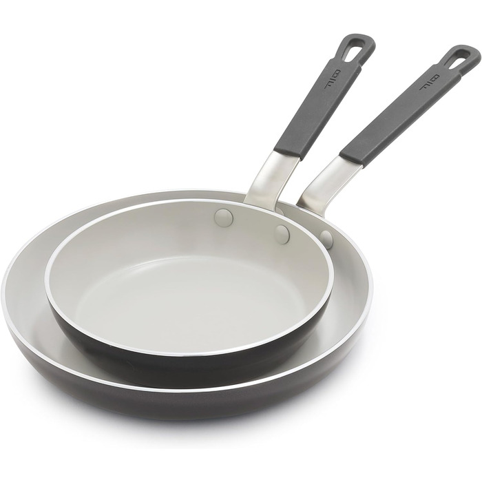 Набір сковорідок GreenPan x Bobby Flay, 20.3 см та 25.4 см, керамічне антипригарне покриття без PFAS та PFOA, індукційне, з силіконовим ручкою, придатні для миття в посудомийній машині та духовці, сірий